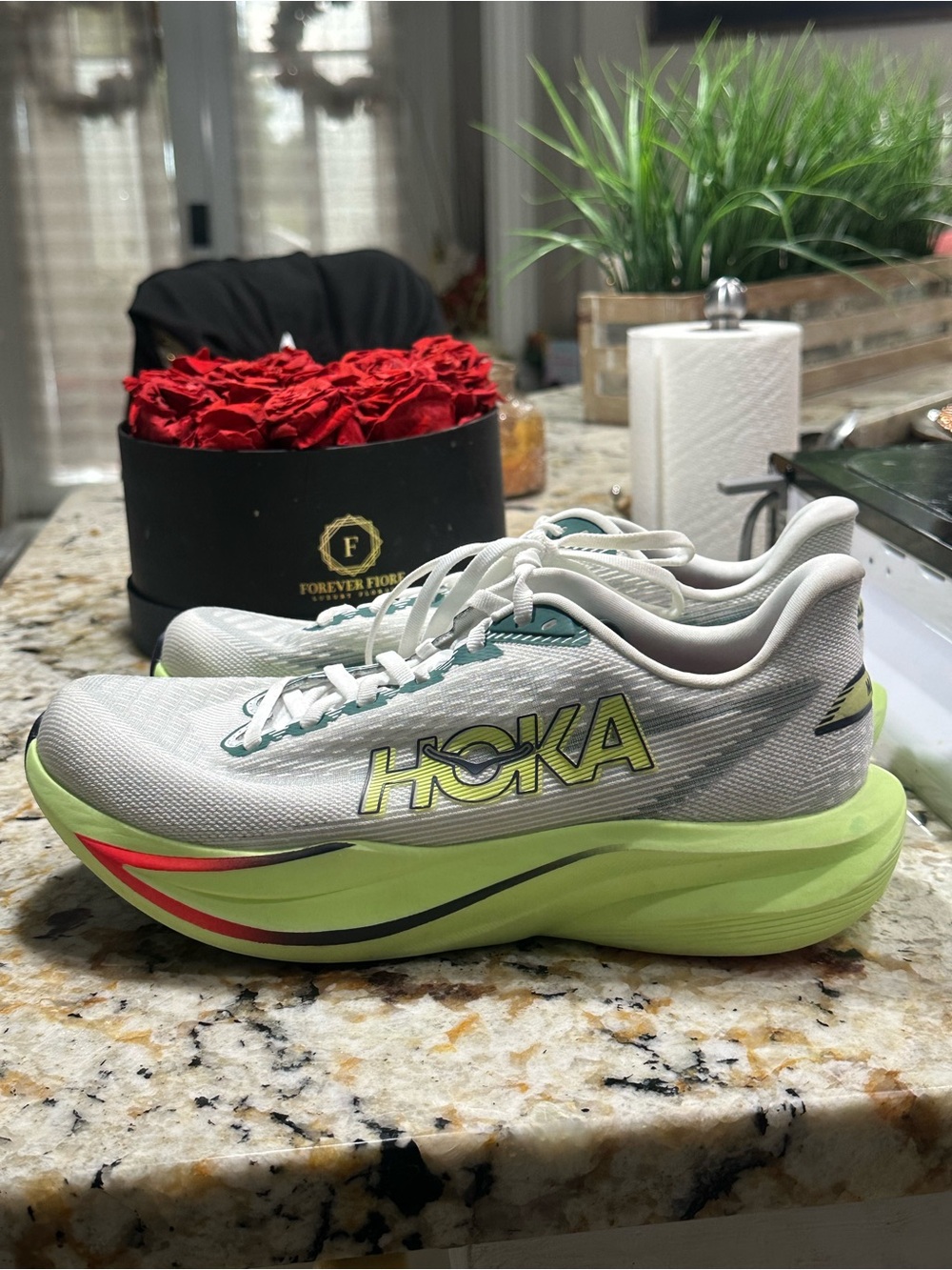 Hoka Women's Road Running Shoes in White and Lime with Neon Pink Accent